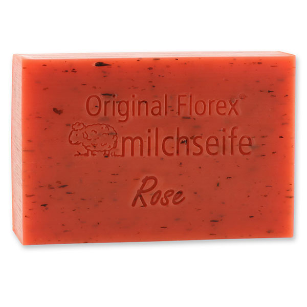 Schafmilchseife eckig 150g auf Olivenholz-Seifenschale "Wohlfühlzeit", Rose mit Blüten