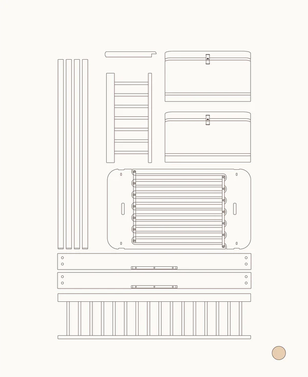 Einzelteile des Oliver Furniture Wood Mini+ Umbausets für halbhohes Etagenbett, technische Darstellung