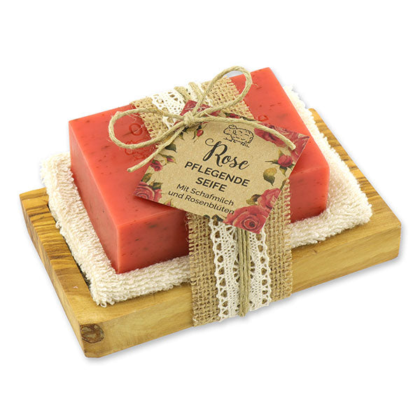 Schafmilchseife eckig 150g auf Olivenholz-Seifenschale "Wohlfühlzeit", Rose mit Blüten
