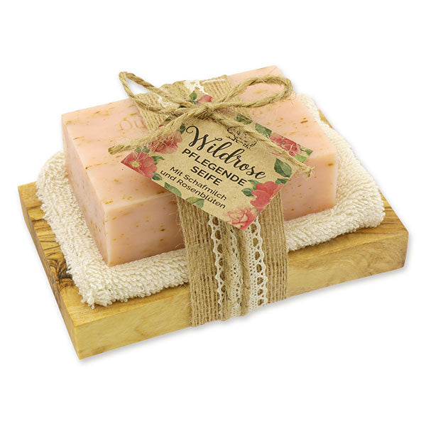 Schafmilchseife Olivenholz-Seifenschale "Wohlfühlzeit", Wildrose