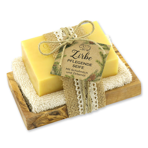 Schafmilchseife Olivenholz-Seifenschale "Wohlfühlzeit", Zirbe