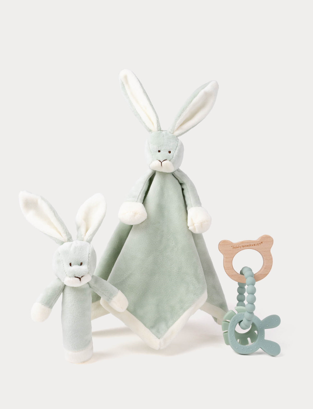 Diinglisar Baby Geschenkbox – Schmusetuch, Rassel & Beissring Hase salbeigrün
