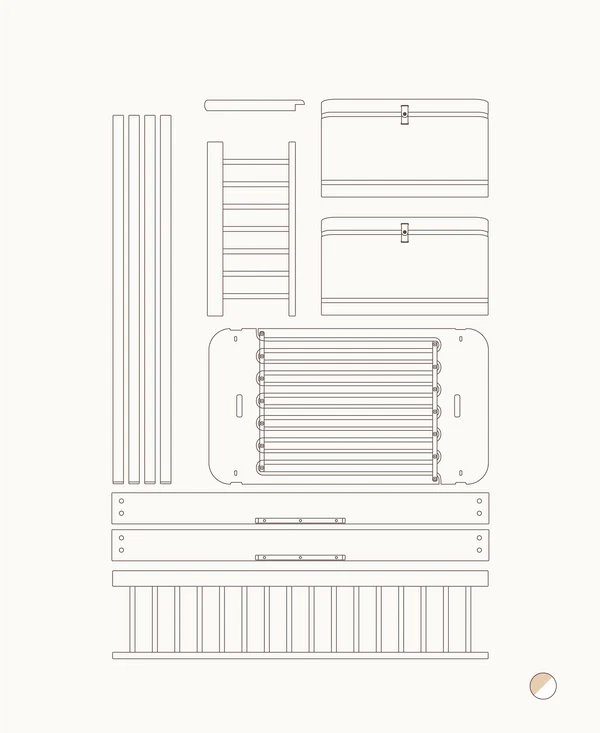 Einzelteile des Oliver Furniture Wood Mini+ Umbausets für halbhohes Etagenbett, technische Darstellung