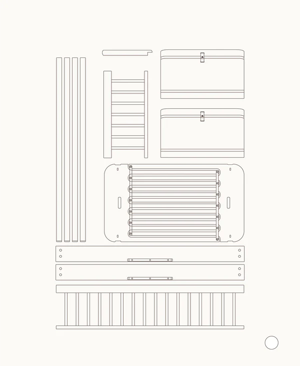 Einzelteile des Oliver Furniture Wood Mini+ Umbausets für halbhohes Etagenbett, technische Darstellung
